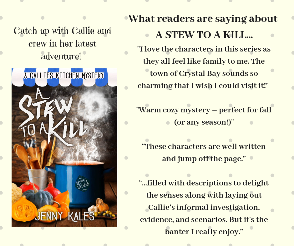 A STEW TO A KILL graphic for FB page with reader quotes